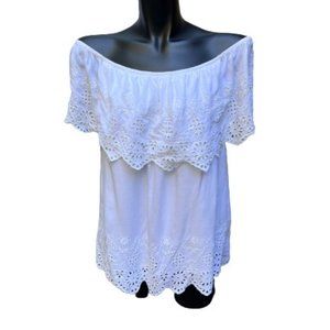 SOHO NY & CO JEANS Womens Embroided Peasant Blouse 100% Modal Cotton L White